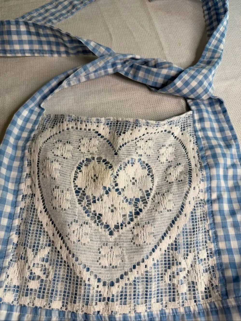 Vintage Blue Gingham Heart Pocket Lace Handmade Cottagecore Apron One Size